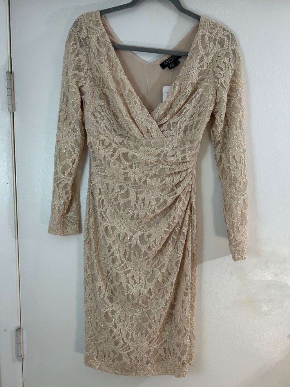 NWT Long Sleeve Sequined Floral Lace Evening Dress